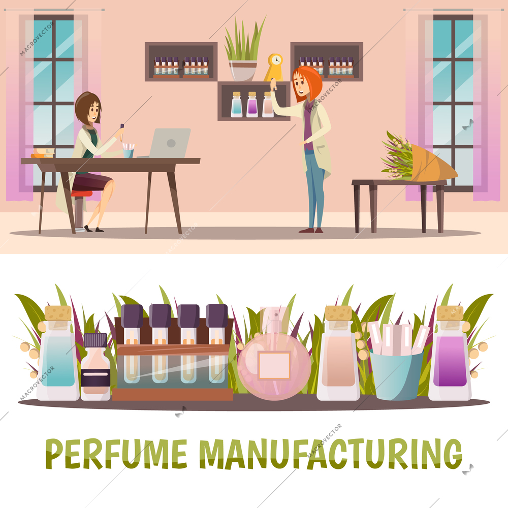 Two horizontal colored perfume shop banner set with perfume manufacturing and finished product vector illustration