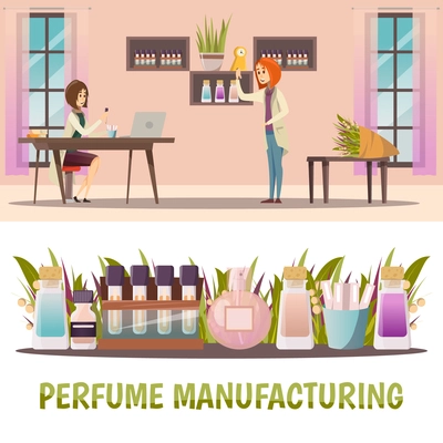 Two horizontal colored perfume shop banner set with perfume manufacturing and finished product vector illustration