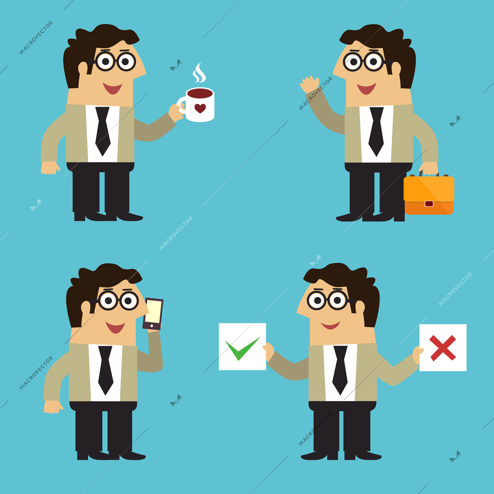 Business life employee in suit with coffee mobile phone emotional gestures and poses set isolated vector illustration