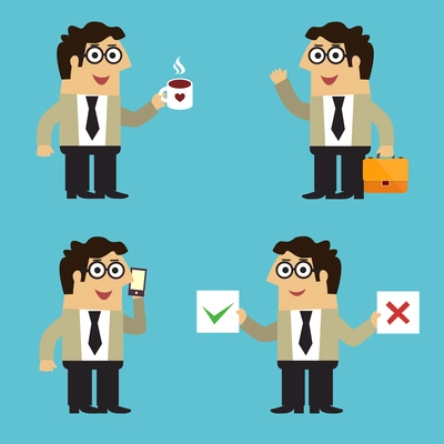 Business life employee in suit with coffee mobile phone emotional gestures and poses set isolated vector illustration