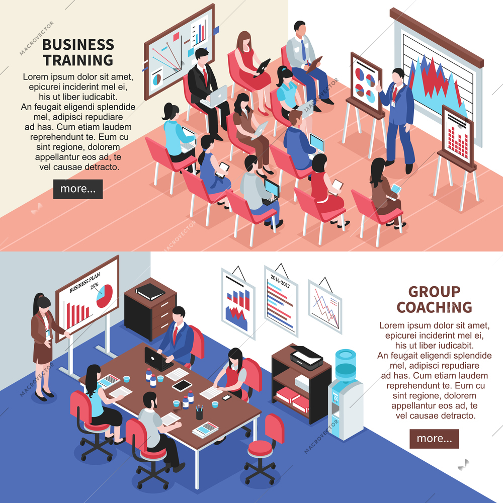 Business training and group coaching  isometric horizontal banners with mentor conducting training and learning of employees vector illustration