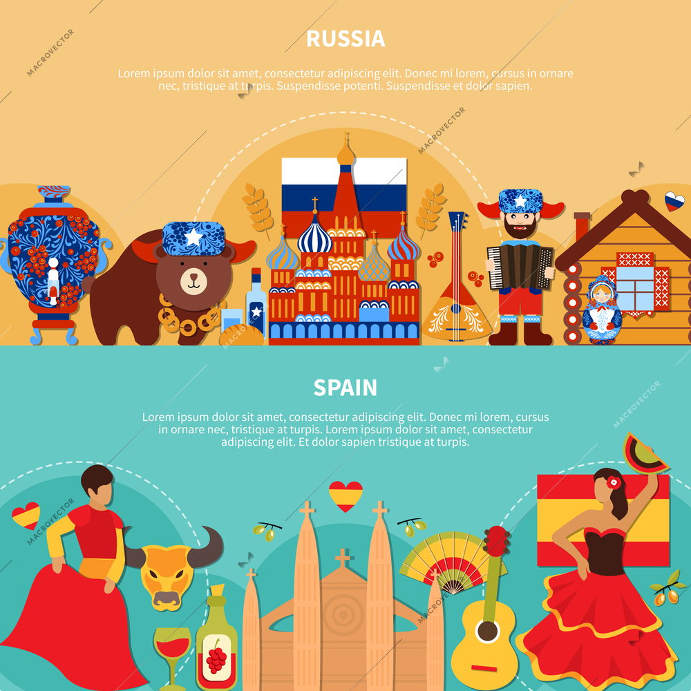 Travel horizontal banners with flat doodle style images of russian and spanish national stereotype symbols and characters vector illustration