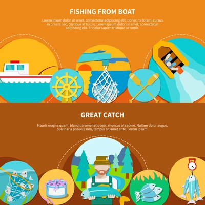 Fishing from boat banners set with water vessels and fish tackle flat images with editable text vector illustration