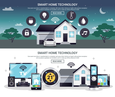 Two horizontal and colored smart home banner set with technology description and read more buttons vector illustration