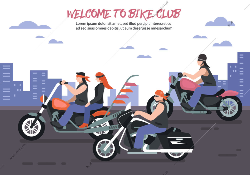 Biker club background with men women riding motorbikes in the city flat vector illustration