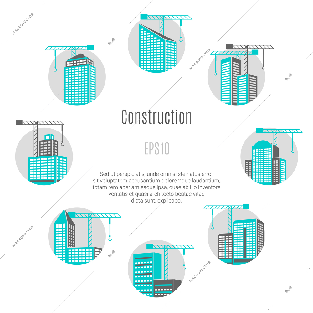 Construction concept with house and city symbols flat isolated vector illustration