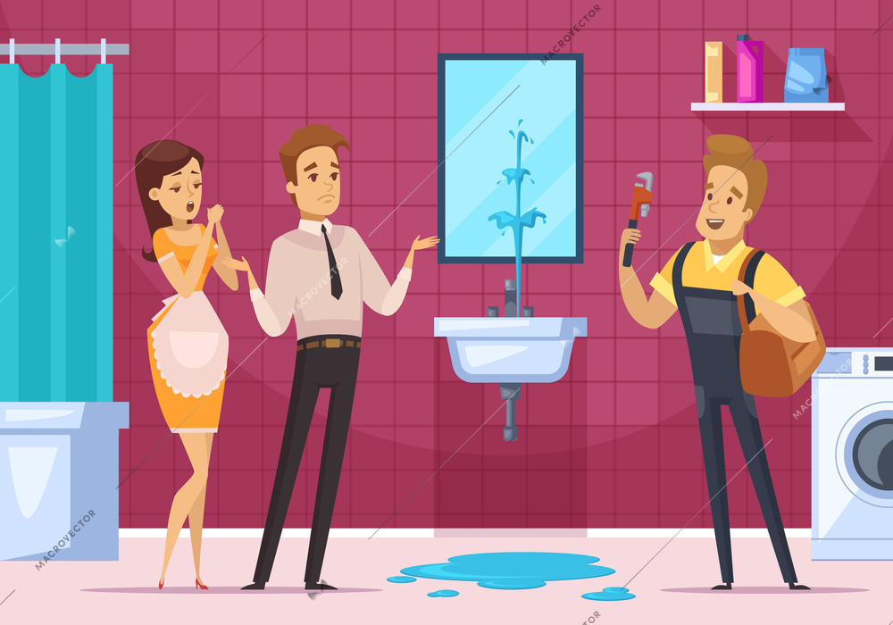 Plumber coming to remove the blockage in pipe and family couple in bathroom interior flat vector illustration