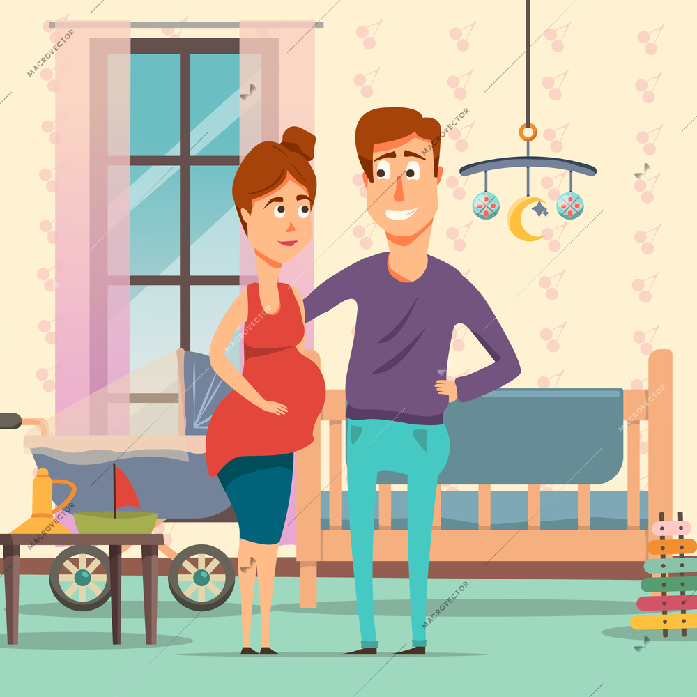 Pregnancy cartoon composition with future parents in room with baby objects including cot, pram, toys vector illustration