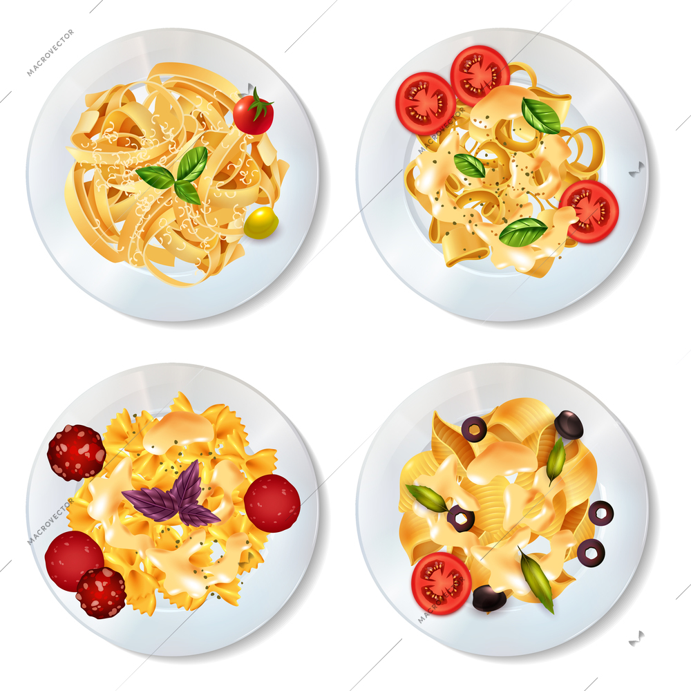 Delicious pasta dishes with sauce pepperoni tomatoes olives and herbs realistic set isolated on white background vector illustration