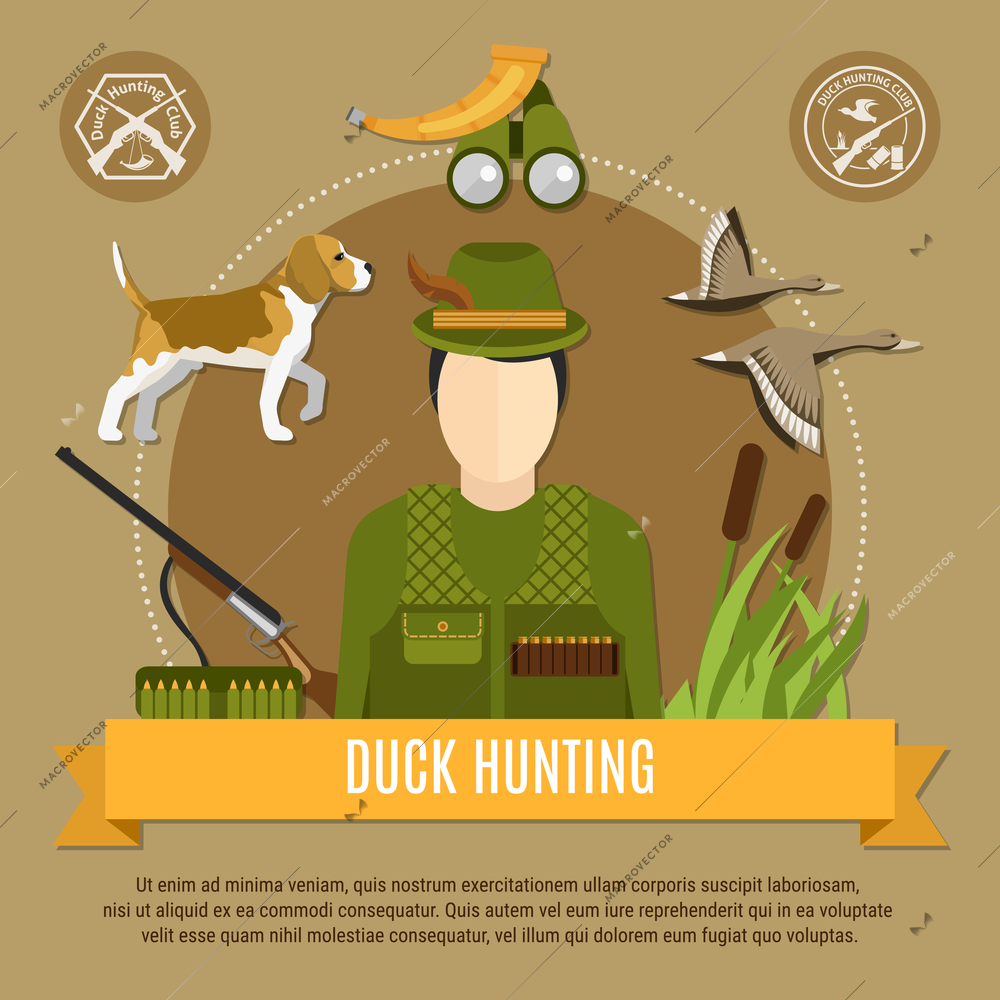 Duck hunting concept with uniform rifle and dog flat vector illustration