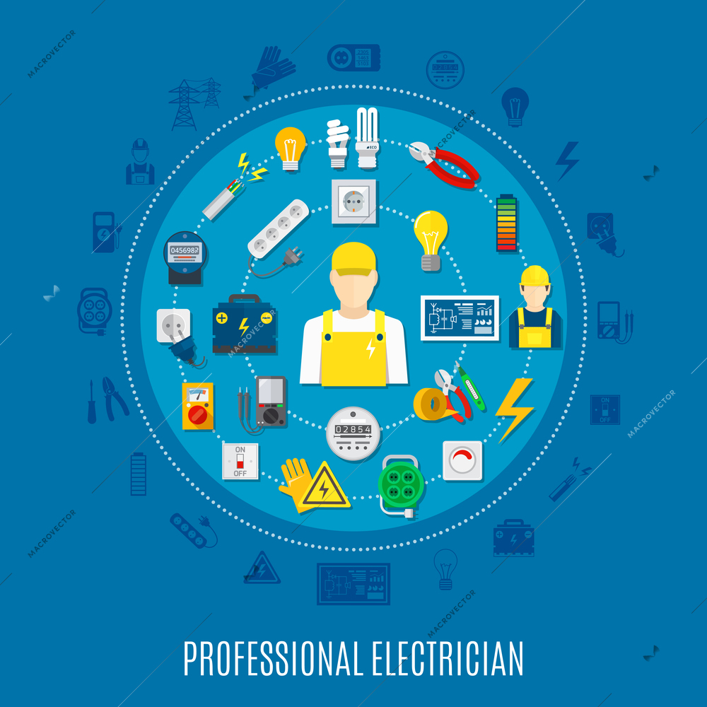 Professional electrician round design with icons of work tools and electric appliances on blue background vector illustration