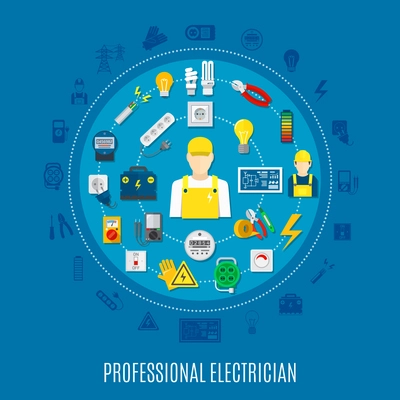 Professional electrician round design with icons of work tools and electric appliances on blue background vector illustration