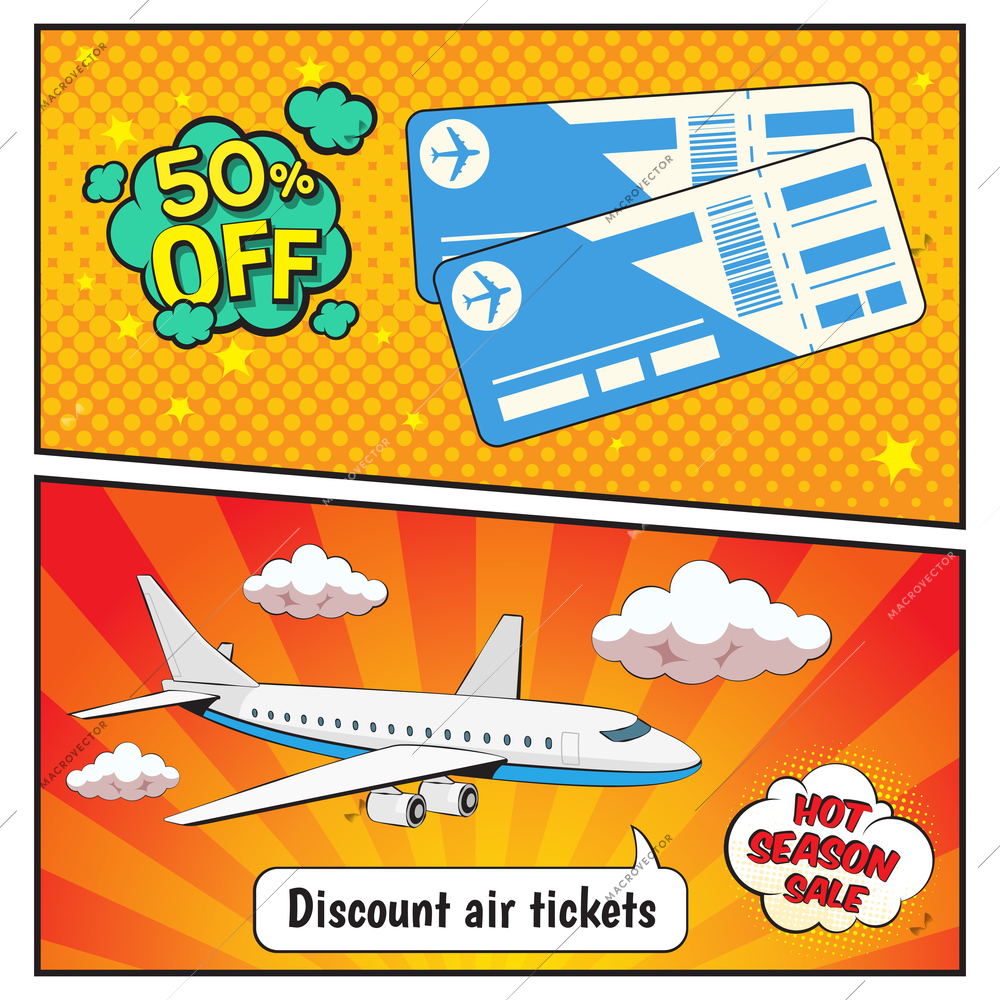 Discount air tickets comic style banners with plane, speech bubbles on yellow red background isolated vector illustration