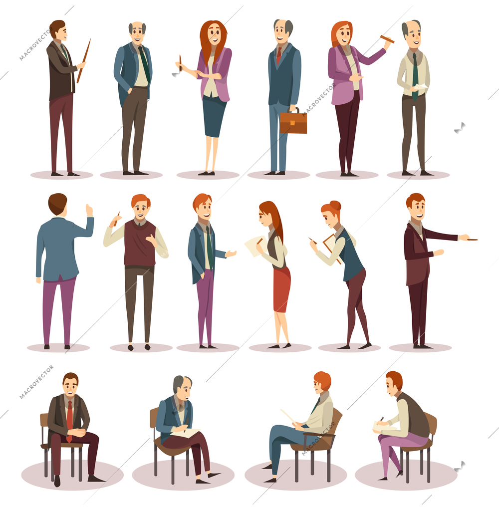 Business trainings and coaching icons set with consultants and learners in various positions isolated vector illustration