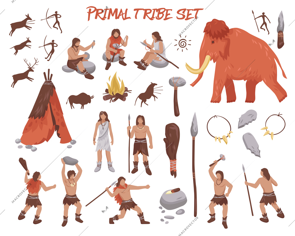 Primal tribe people icons set with weapon and animals flat isolated vector illustration