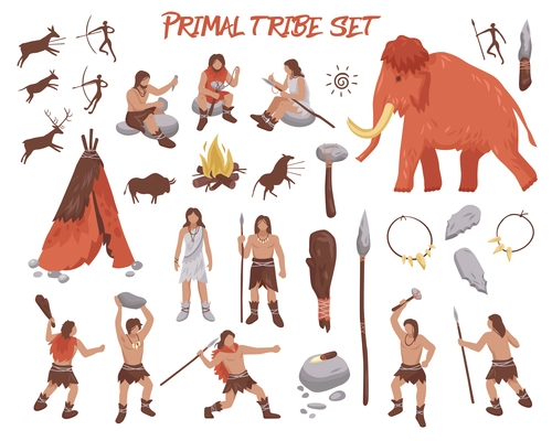 Primal tribe people icons set with weapon and animals flat isolated vector illustration