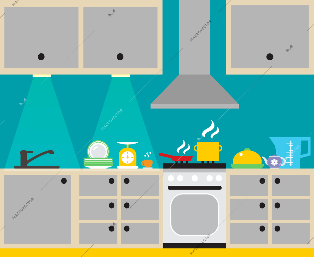 Modern kitchen interior with furniture and household equipment poster vector illustration