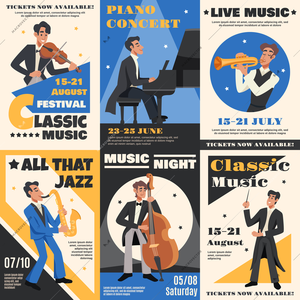 Colored musician poster banner set with classic music festival piano concert all that jazz descriptions vector illustration