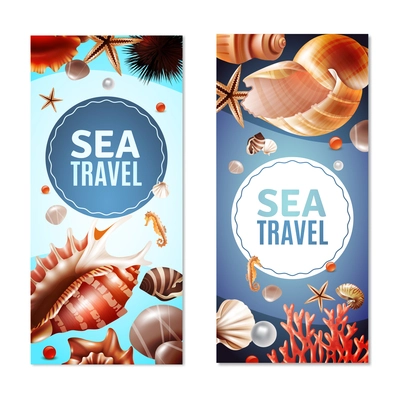 Sea travel vertical banners with various seashells and sea animals isolated on white background realistic vector illustration