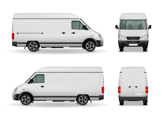 Realistic white cargo van with empty surface advertising mockup side view, front and rear vector illustration