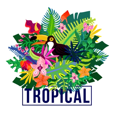 Tropical island flora and fauna colorful composition poster with exotic plants leaves and orchid flowers vector illustration