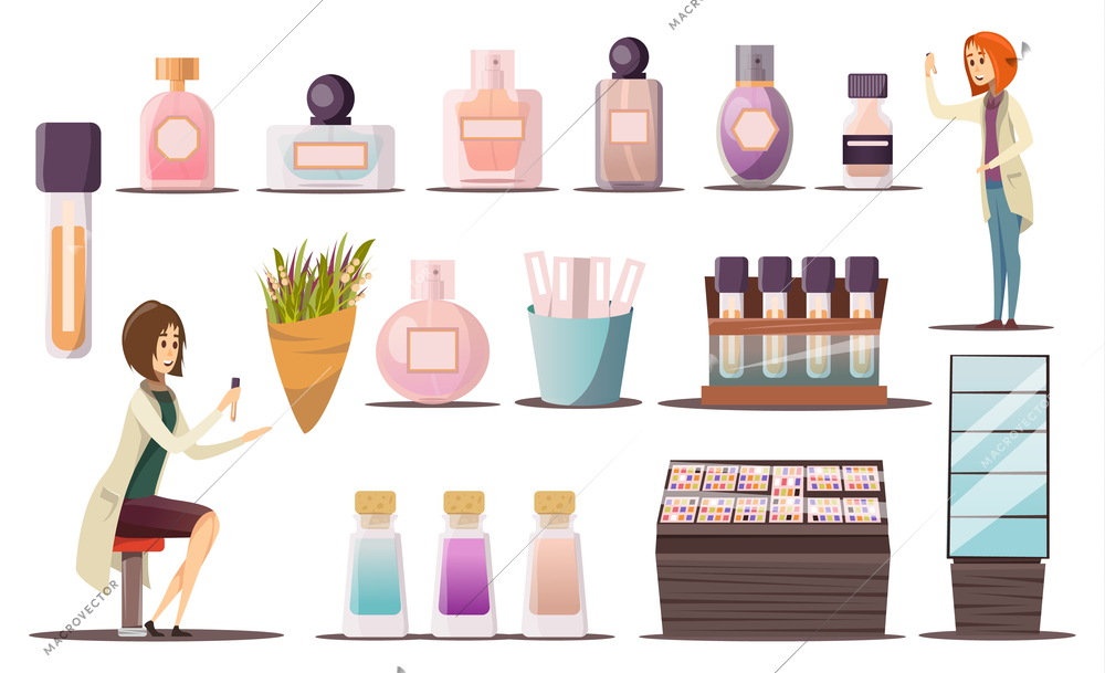 Perfume shop icon set with cosmetic corners shop windows and cosmetic products vector illustration