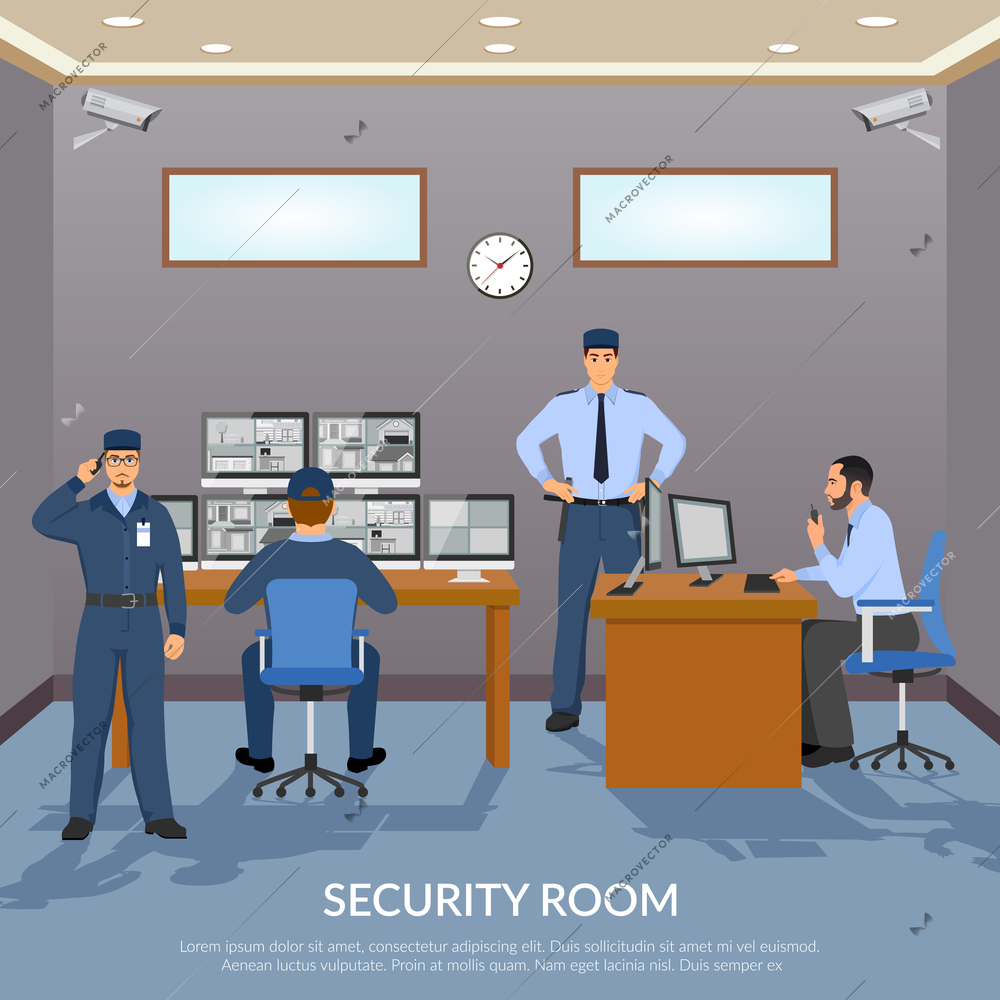 Security room with officers screens clock and table flat vector illustration