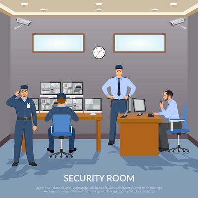 Security room with officers screens clock and table flat vector illustration