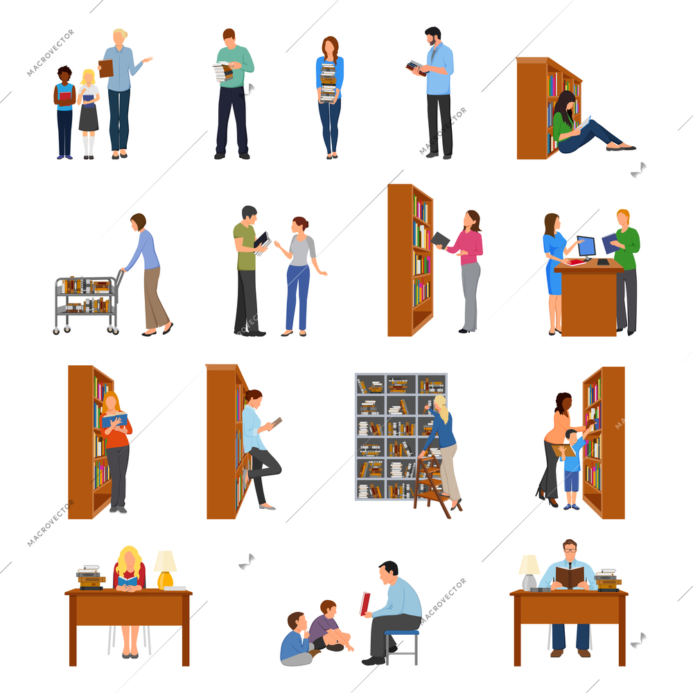 Library icons set with people and books flat isolated vector illustration