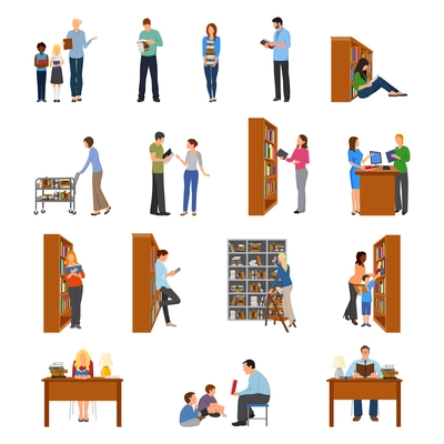 Library icons set with people and books flat isolated vector illustration