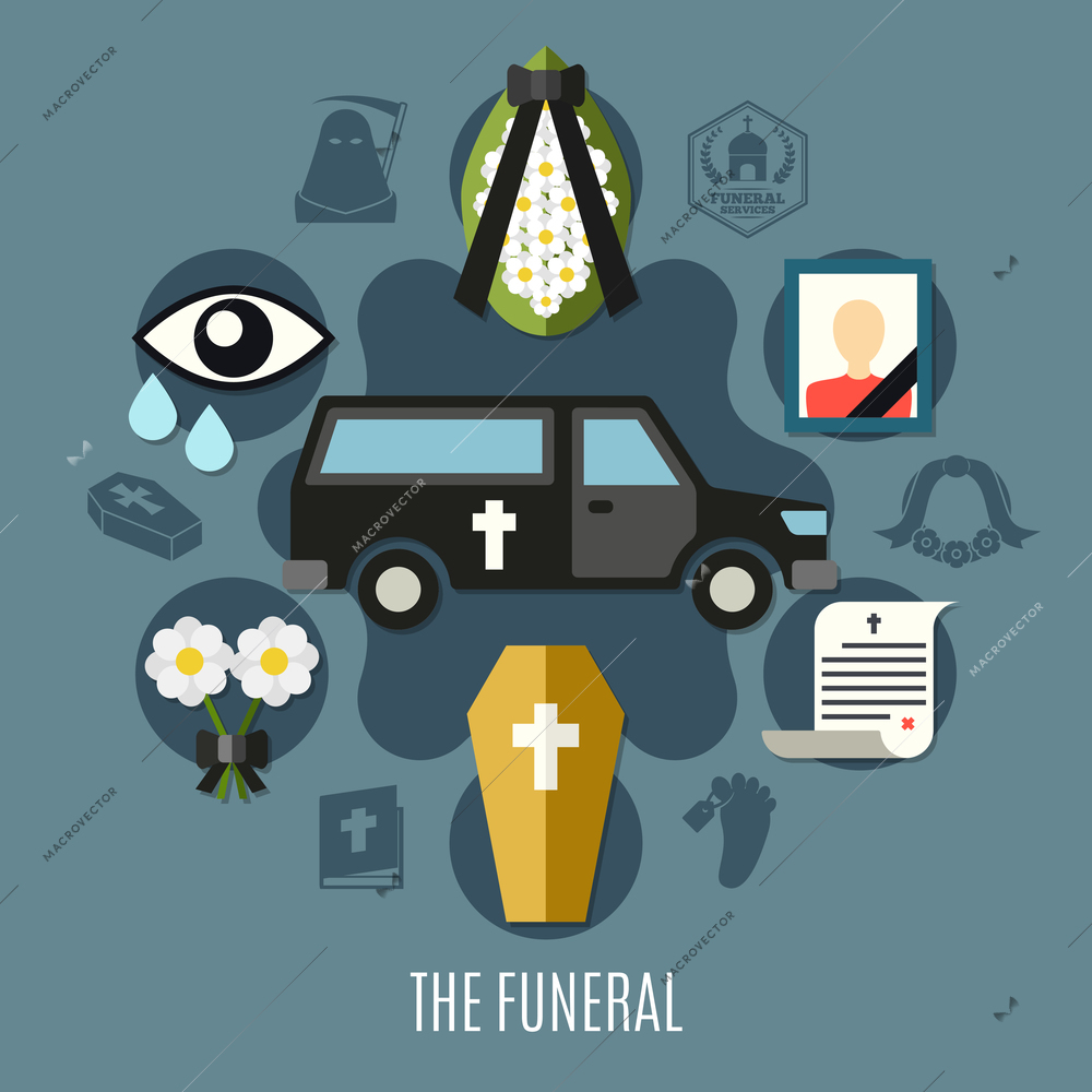 Funeral concept set with photo flowers and tomb flat vector illustration