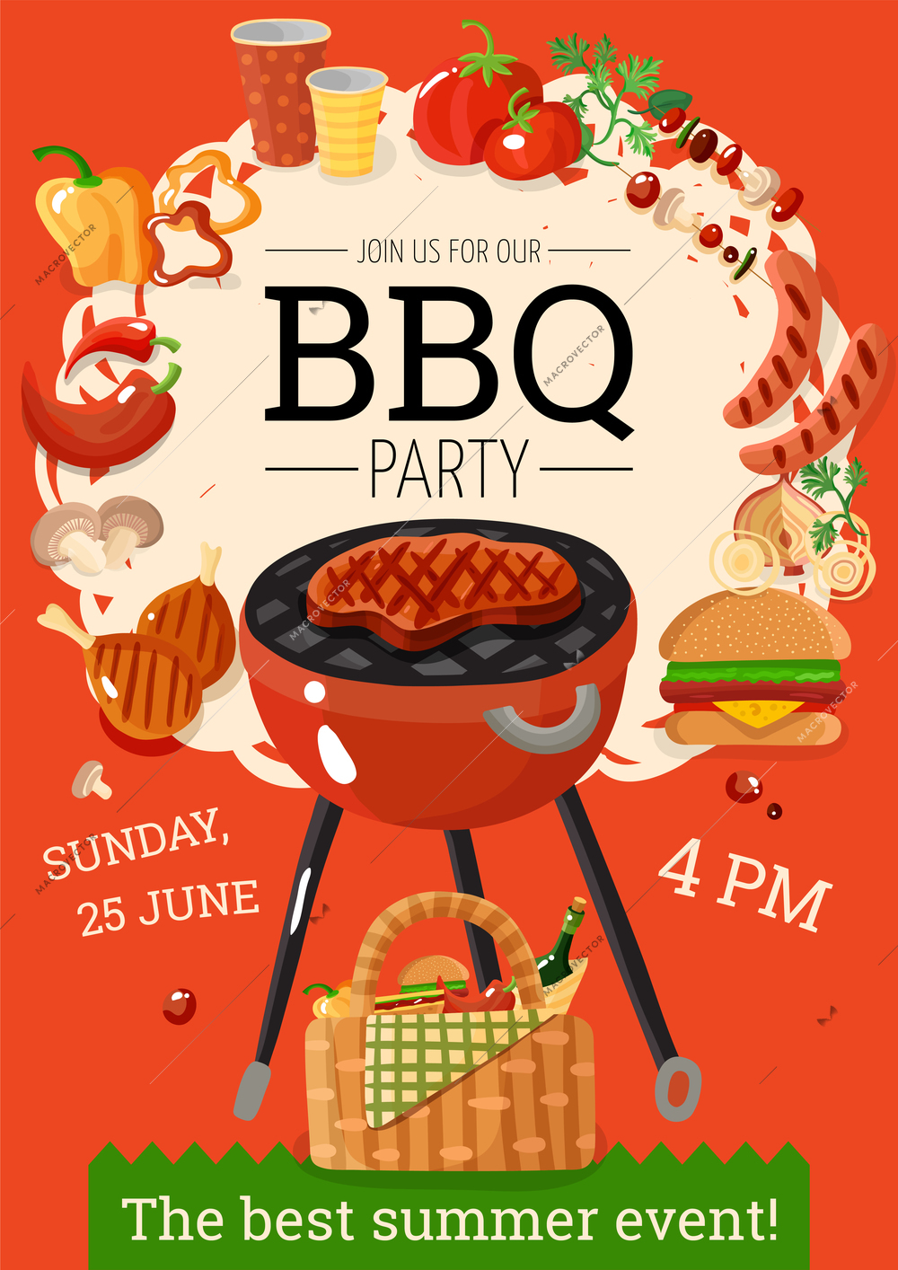 Summer bbq party announcement poster with grill basket barbecue accessories food drinks orange background flat vector illustration