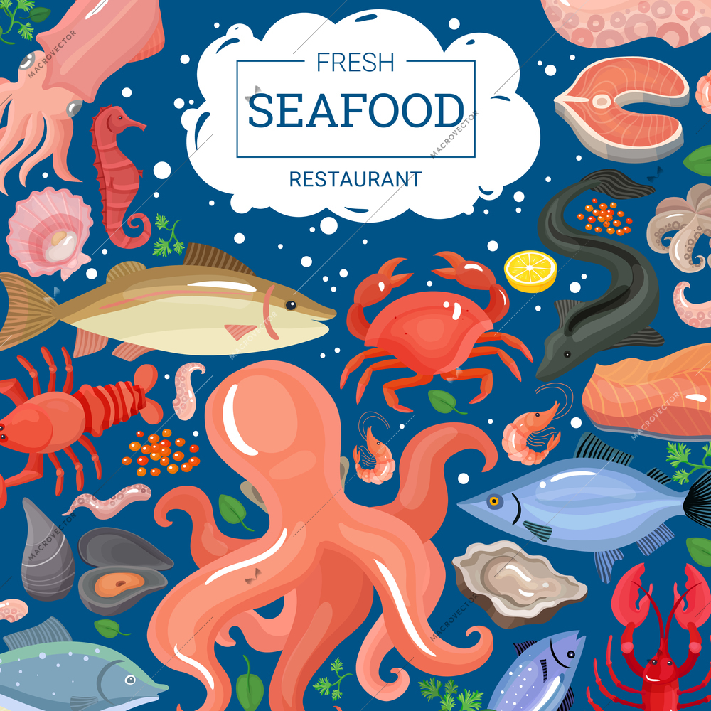 Seafood background composition of cartoon style images of sea animals and pieces of marine food products vector illustration