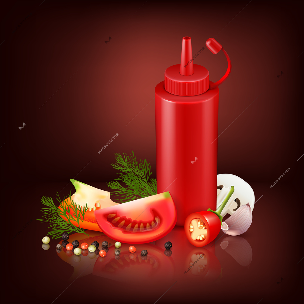 Colorful realistic background with red plastic bottle with ketchup and chopped vegetables vector illustration