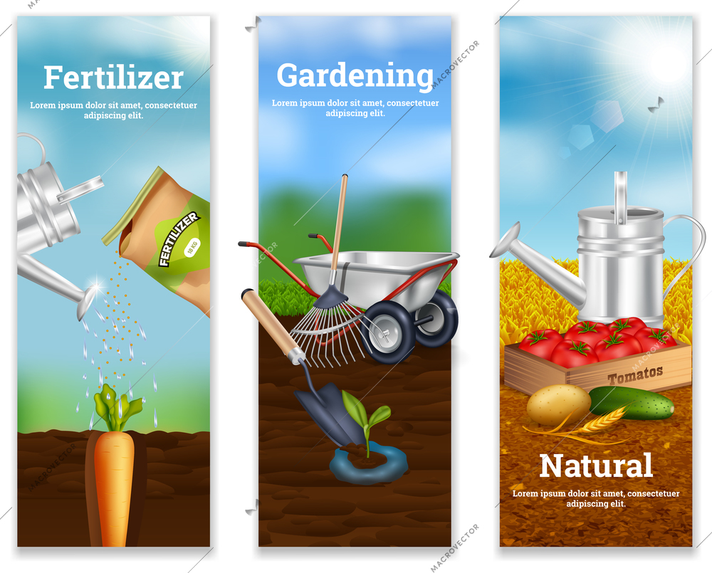 Three farming vertical banners with fertilizer advertising agriculture tools and natural vegetable production in realistic style vector illustration