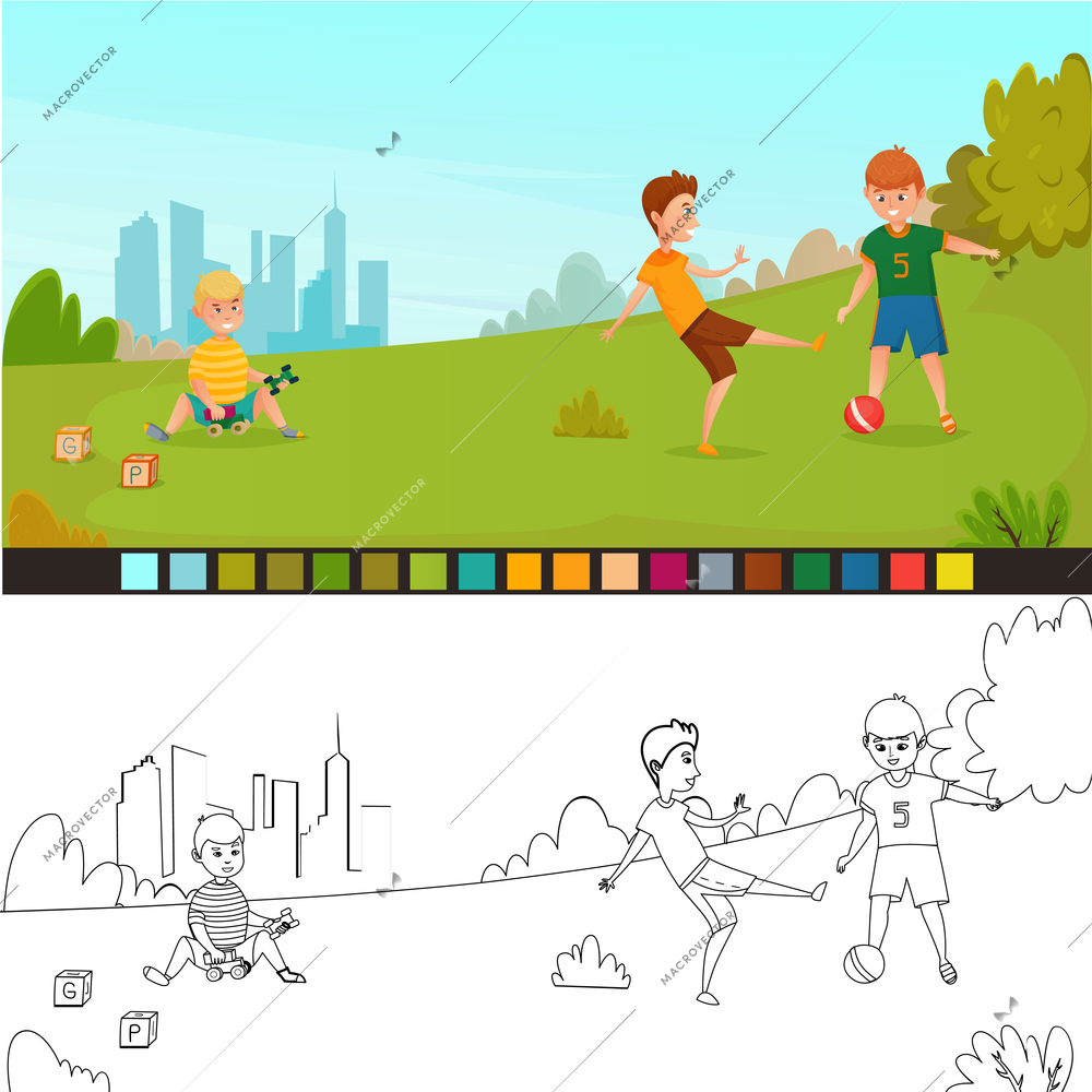 Coloring page kids composition with two pics not painted and painted for childrens creativity vector illustration