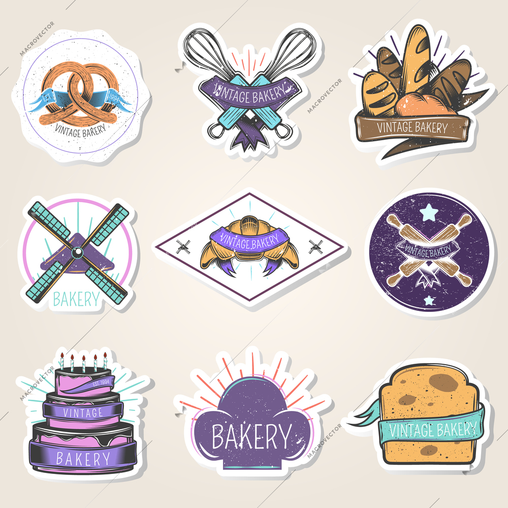 Bakery set of stickers with flour products, culinary tools, windmill, design elements, vintage style isolated vector illustration