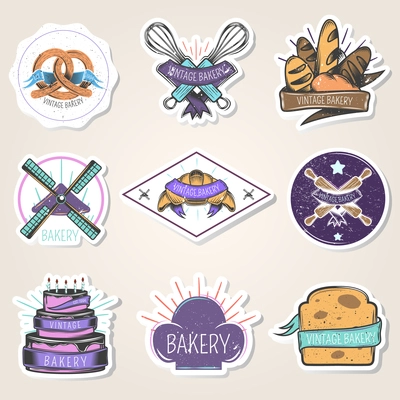 Bakery set of stickers with flour products, culinary tools, windmill, design elements, vintage style isolated vector illustration