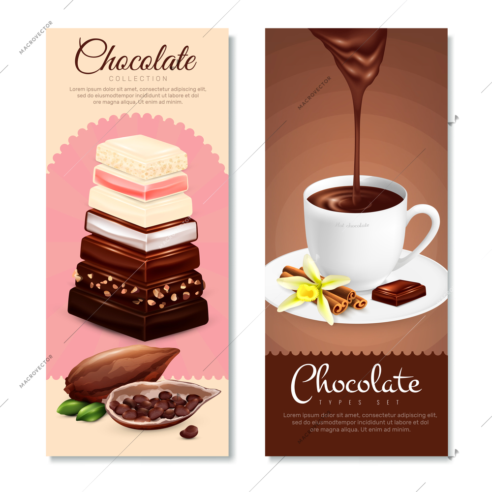 Chocolate collection vertical cartoon banners set with chocolate types symbols isolated vector illustration