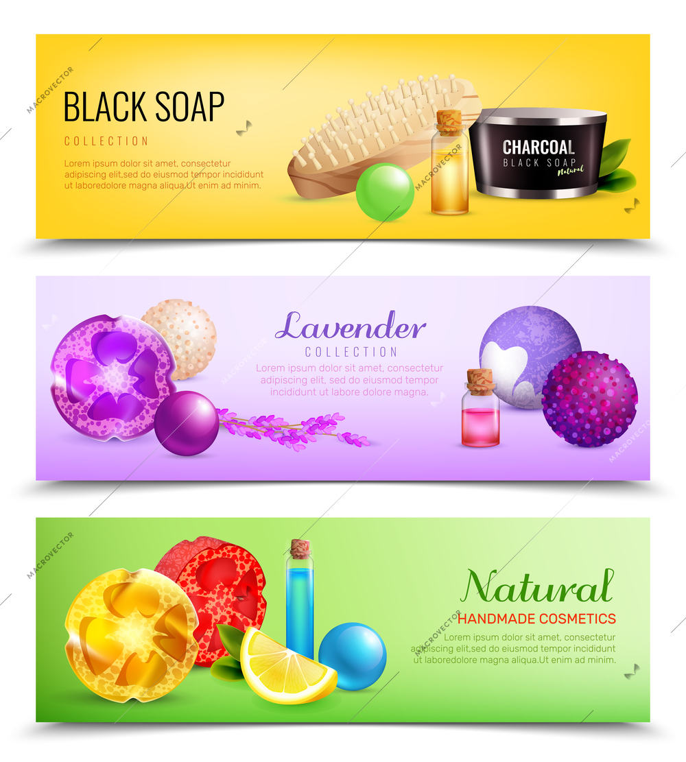 Bath handmade cosmetics horizontal banners set with compositions of soap ball images with leaves and fruit slices vector illustration