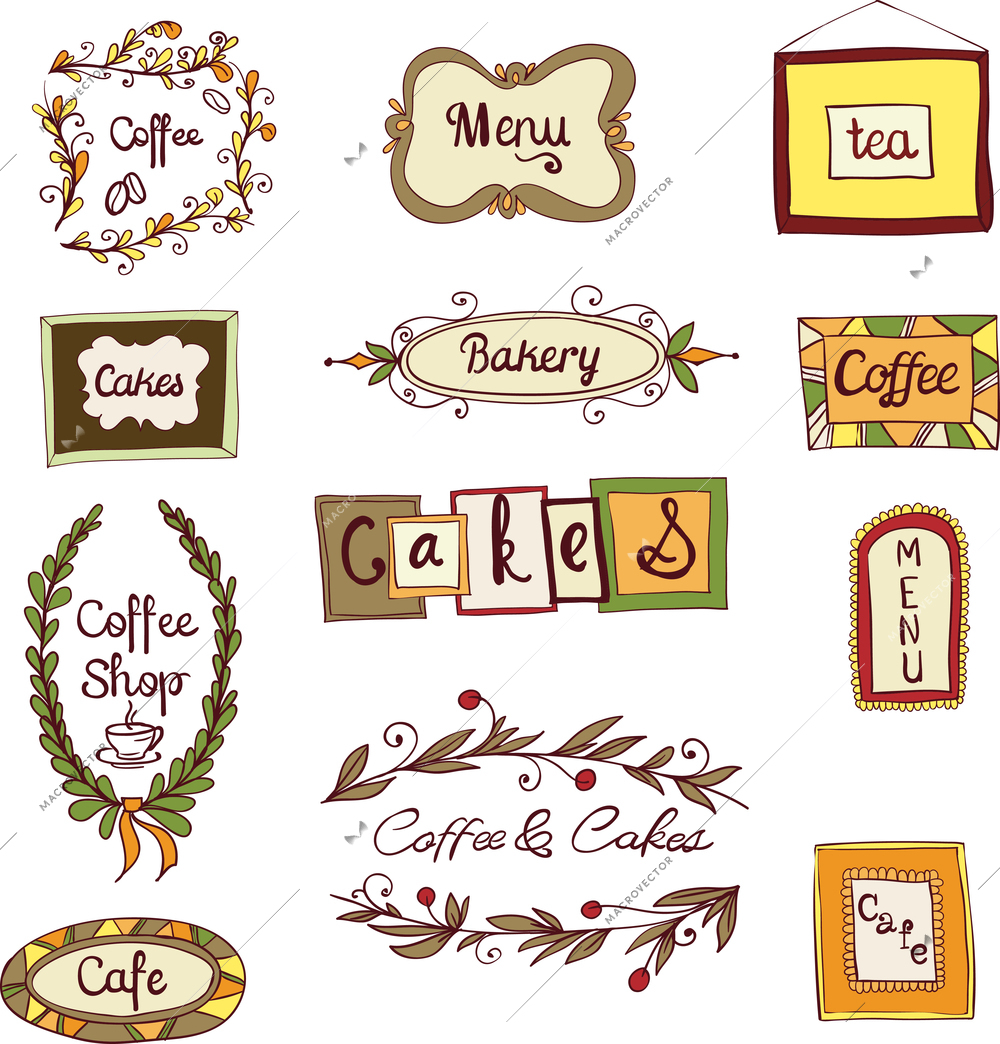 Doodle decorative vintage swirl floral wreath coffee menu tea frames set vector illustration