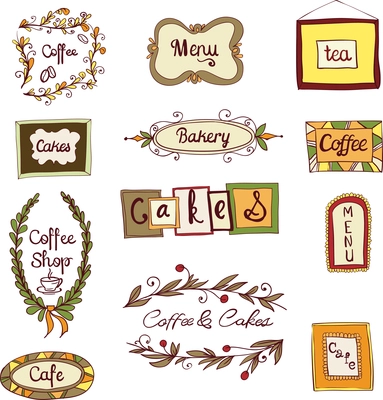 Doodle decorative vintage swirl floral wreath coffee menu tea frames set vector illustration