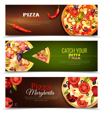 Set of three banners with compositions of images with different types of pizza and editable text vector illustration