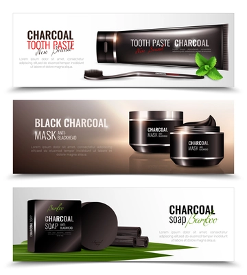 Charcoal cosmetic horizontal banners collection with compositions of charcoal-based beauty products decorative images with text vector illustration