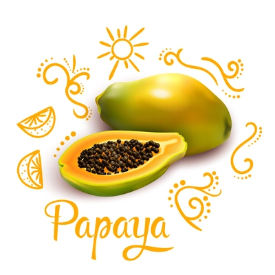 Composition from orange doodles around 3d papaya with flourishes and citrus fruit on white background vector illustration