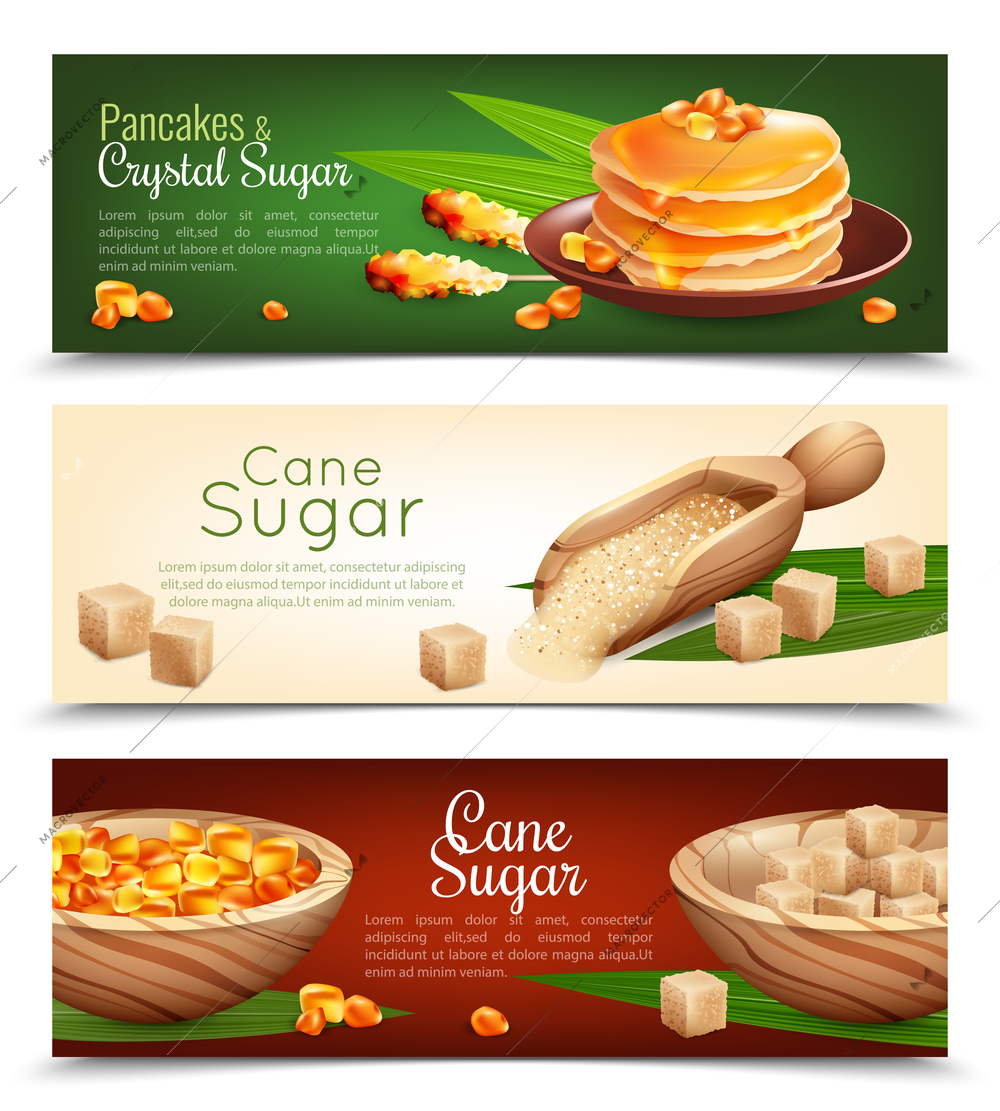 Cane sugar horizontal banners set with pancakes cartoon isolated vector illustration