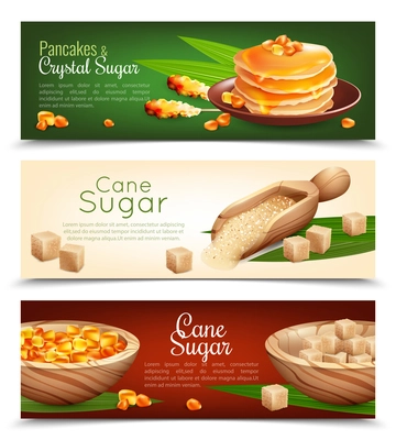 Cane sugar horizontal banners set with pancakes cartoon isolated vector illustration