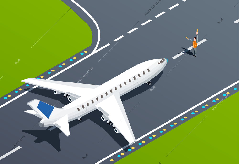 Plane on takeoff strip and airport employee 3d isometric vector illustration