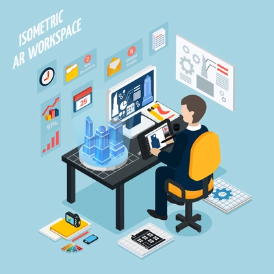 Colored augmented reality workplace isometric composition with man at work and with technology equipment vector illustration