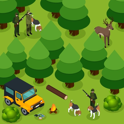 Hunting isometric composition with two groups of hunters hunt deer in the forest vector illustration